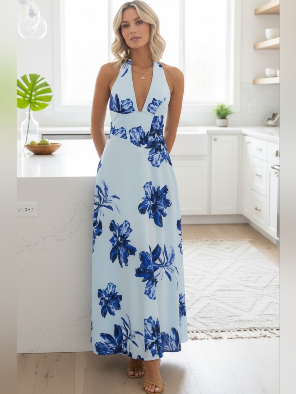 Corset Tie Open Back Plunging Halter V-Neck Flowing A-line Summer Maxi Dress